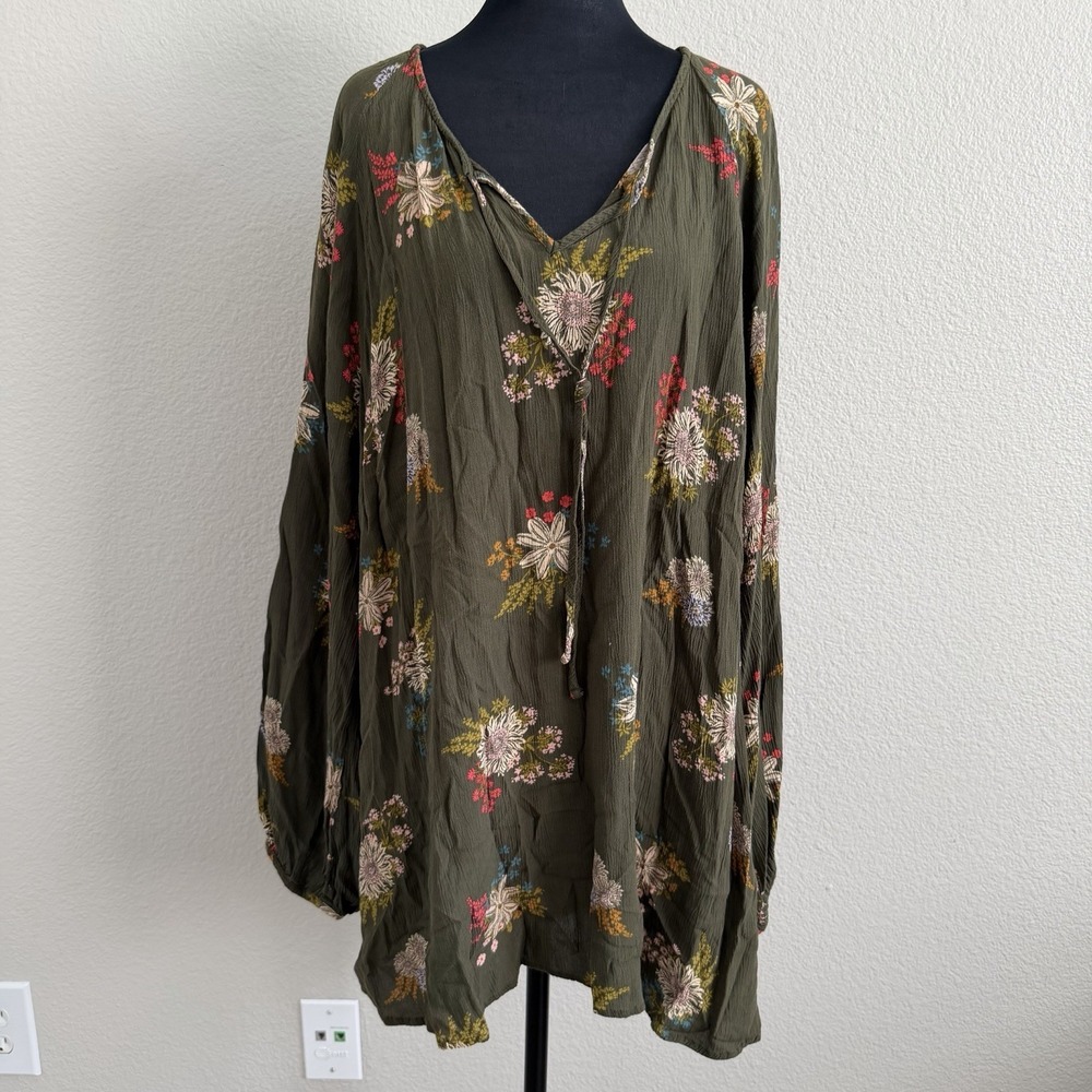 Floral Tie-Neck Olive Green Women's Tunic Top - Picture 1 of 9